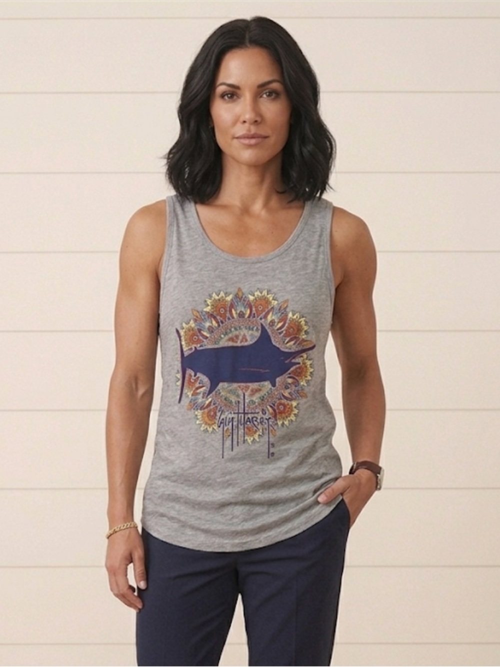 🔆NWT Guy Harvey Grey Tank Top with Navy Fish Graphic